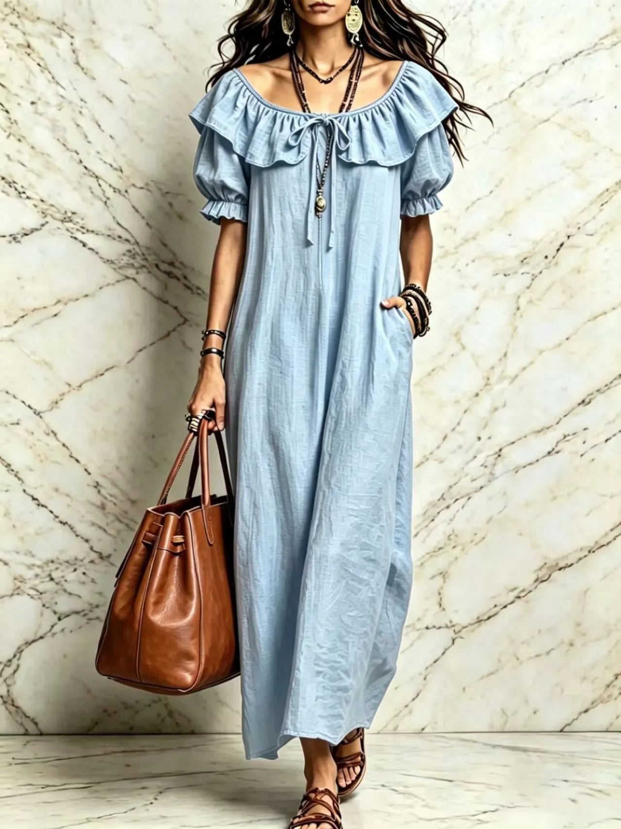 Ruffle Neck Puff Sleeve Maxi Dress