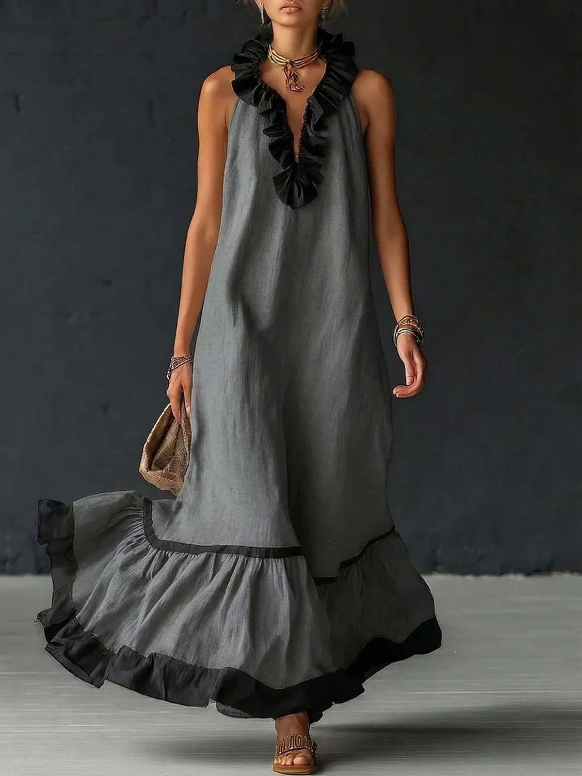 Contrast Ruffle V-Neck Sleeveless Maxi Dress