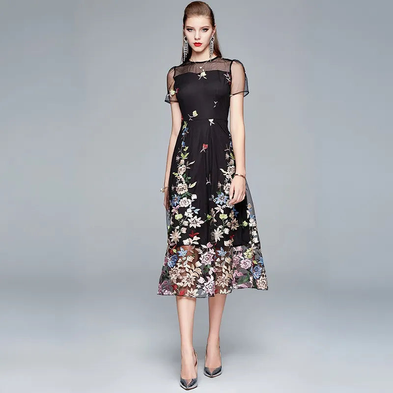 Beige Floral Embroidered Midi Dress, Sheer Short Sleeve A-Line Formal Evening Dress