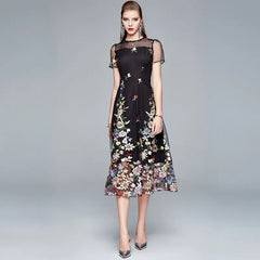 Beige Floral Embroidered Midi Dress, Sheer Short Sleeve A-Line Formal Evening Dress