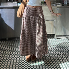 Gingham Plaid Elastic Waist Midi Flared Skirt