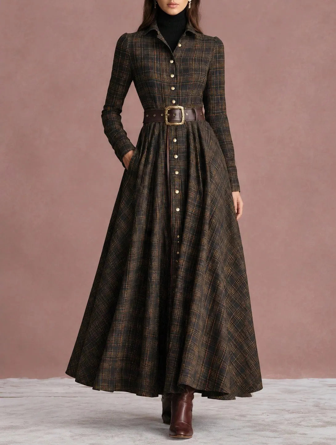 Plaid Long Sleeve Collared Maxi Shirt Dress
