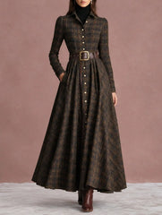 Plaid Long Sleeve Collared Maxi Shirt Dress