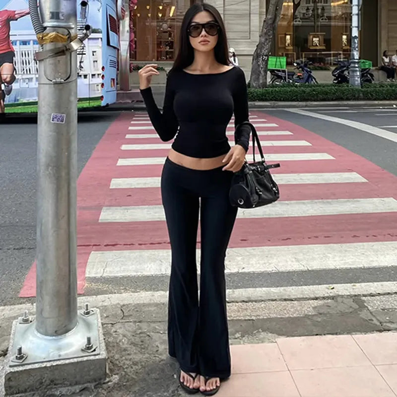 Brown Slim Fit Matching Set, Long Sleeve Crop Top High Waist Flared Leg Pants