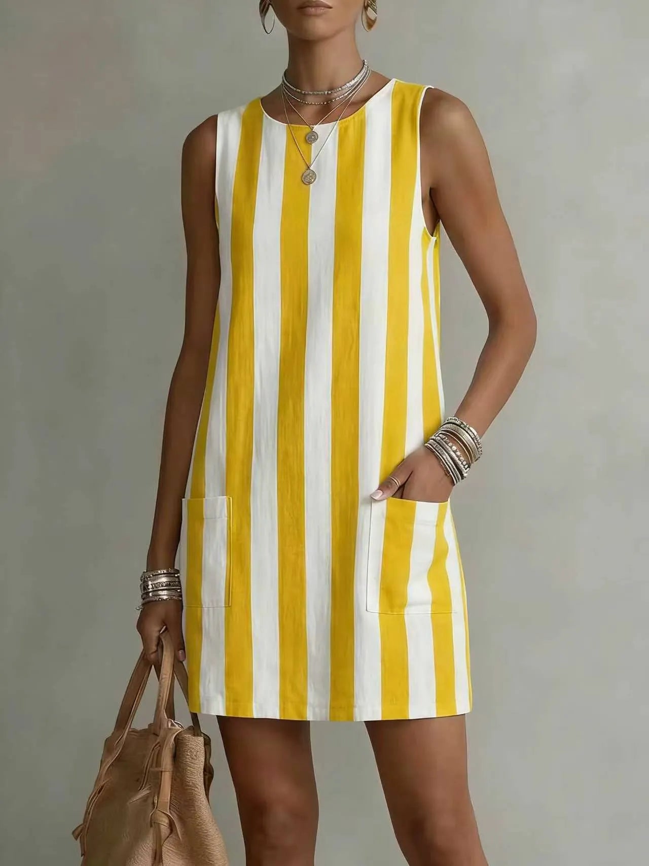 Round Neck Sleeveless Vertical Stripe Linen Mini Dress