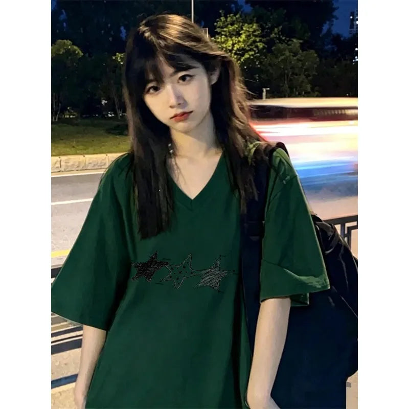 V Neck Pentagram Print Loose Pure Cotton Short Sleeve Casual T-shirt