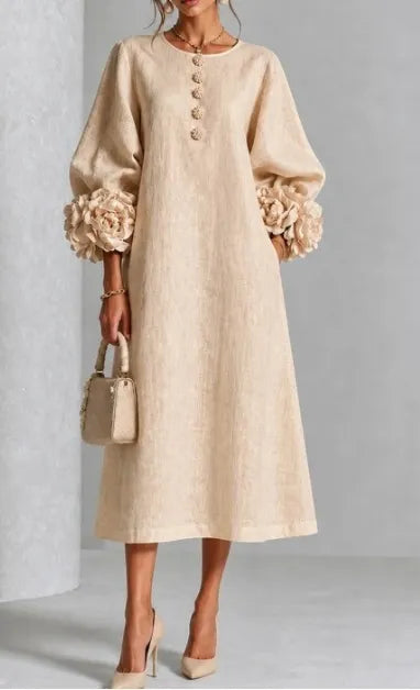 Light Pink Linen Midi Dress, 3D Floral Puff Sleeve Round Neck Button Front Loose Dress With Pockets