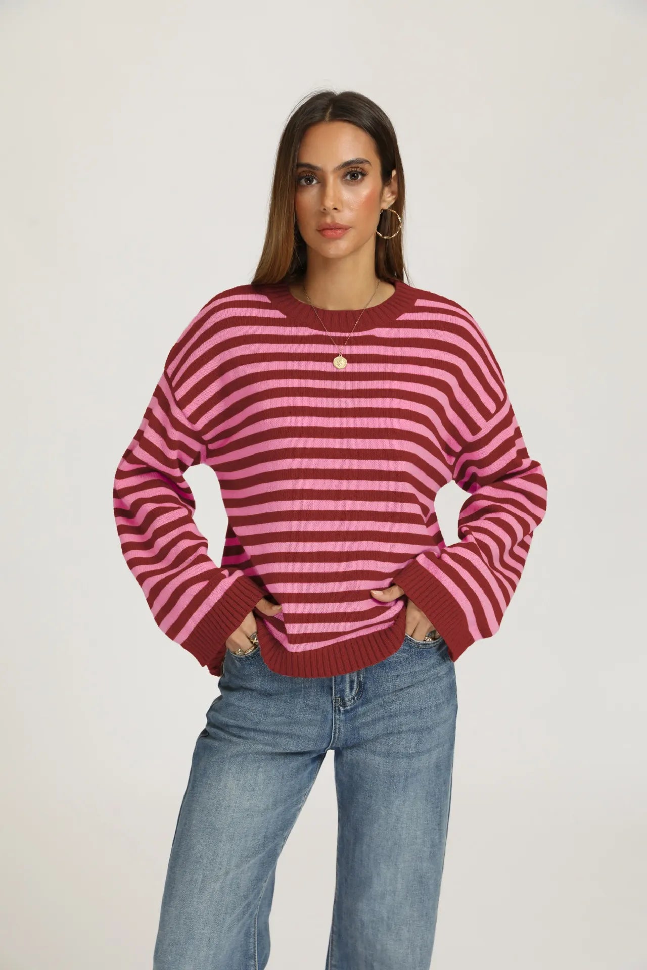 Bold Stripe Knit Pullover Crew Neck Drop Shoulder Loose Fit Fall Sweater