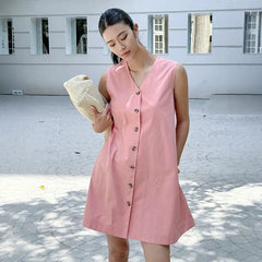 Halloween Dress, V Neck Sleeveless Button Front Solid Color Casual A-line Mini Dress