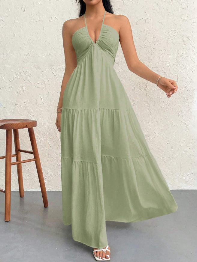 White Halter V-Neck Tiered Maxi Dress