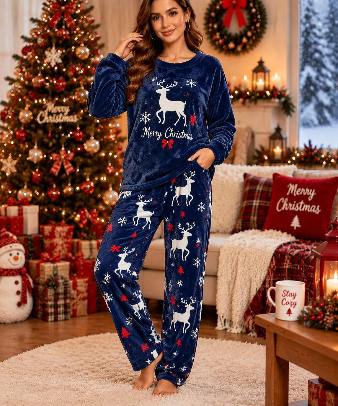 Cute Christmas Snowman Fleece Loungewear Set Round Neck Long Sleeve Top & Elastic Waist Full Length Pants