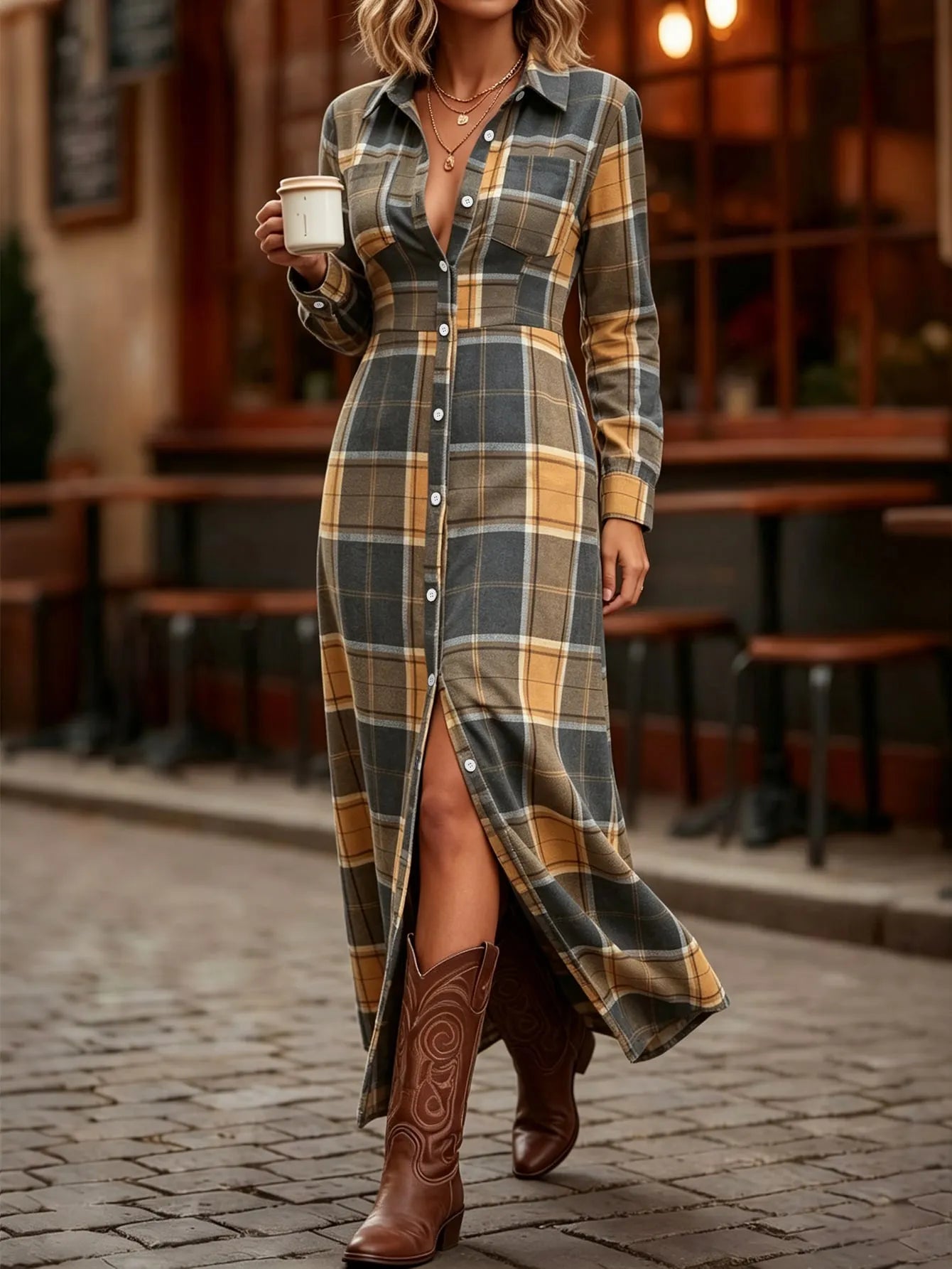 Breezaya Plaid Print Button Front Shirt Dress
