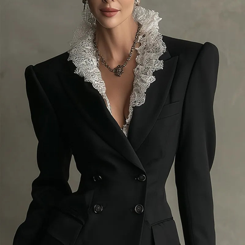 Black Lace Trim Double Breasted Blazer Mini Dress