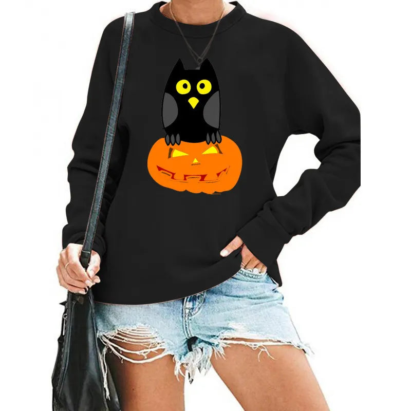 Halloween Owl Pumpkin Print Crew Neck Sweatshirt