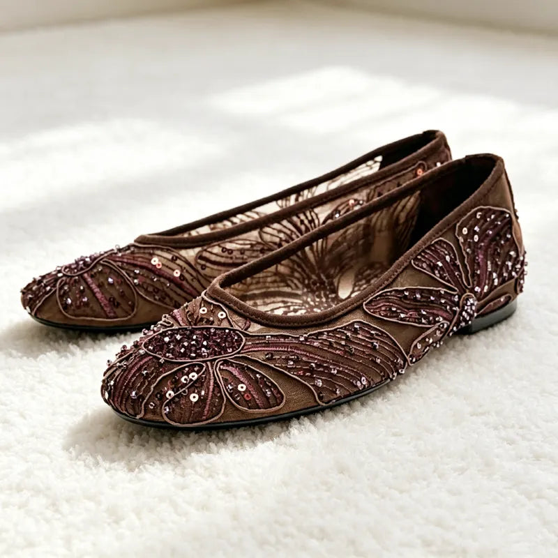 Romantic Sheer Mesh Beaded Ballet Flats, Retro Floral Embroidery Dressy Flat Shoes