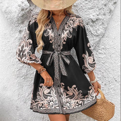 Blue Porcelain Print V-Neck Mini Dress - Batwing Sleeve Tie Waist Boho Dress