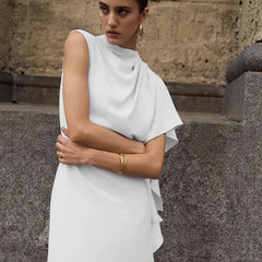 Solid Draped Mock Neck Sleeveless Asymmetric Ruffle Mini Dress