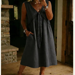 V-Neck Lace Splicing Sleeveless Loose A-Line Cotton Linen Midi Dress