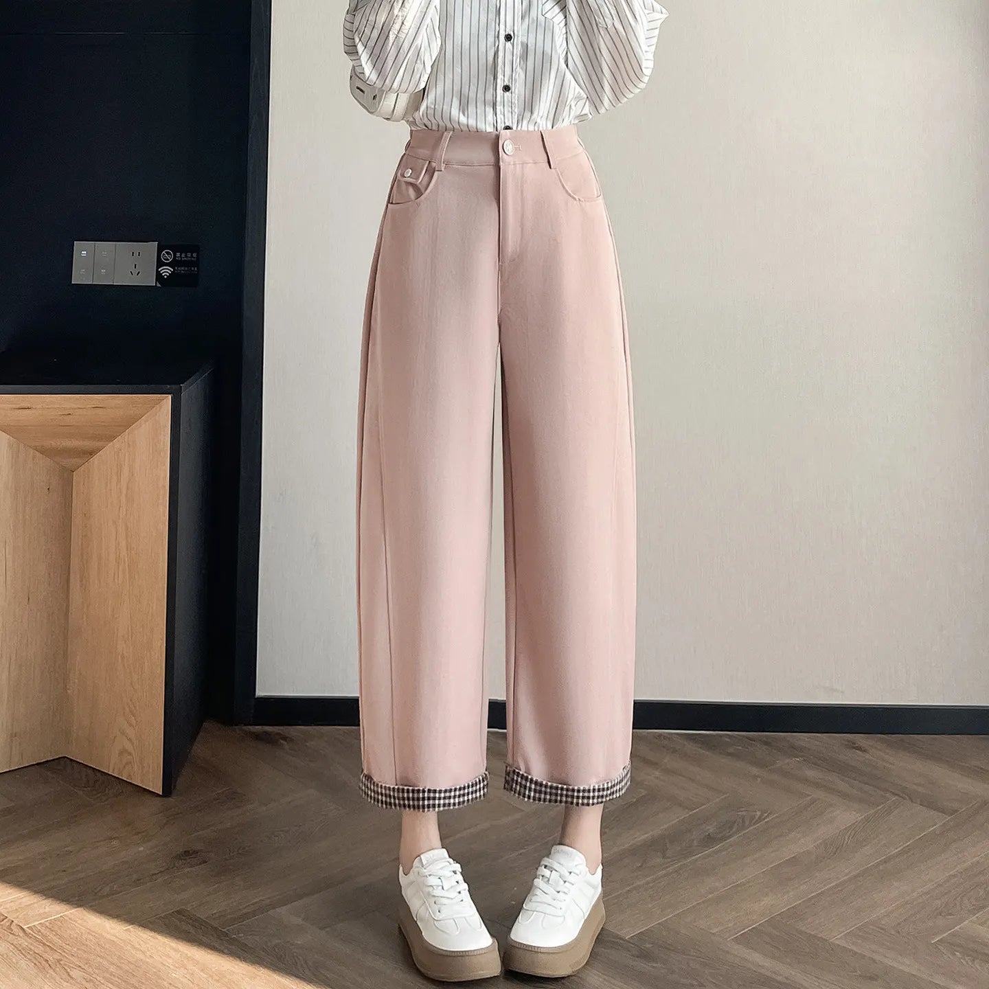 High Waist Contrast Trim Wide Leg Pants
