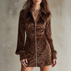 Leopard Print Velvet Zip Front Mini Dress