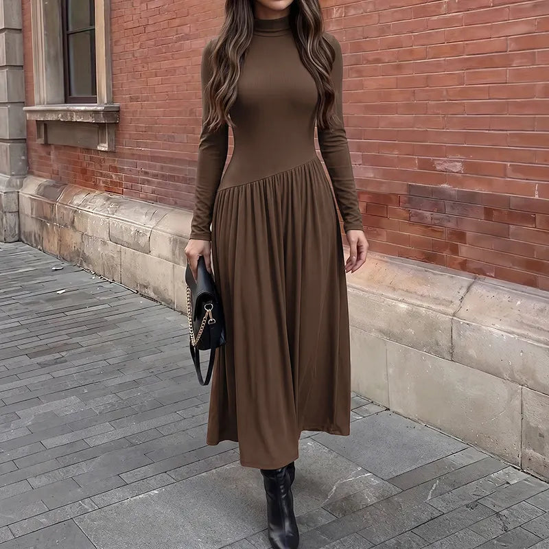 Brown Ribbed Mock Neck Long Sleeve Maxi Dress | Fitted Bodice Pleated Flowy Long Dress