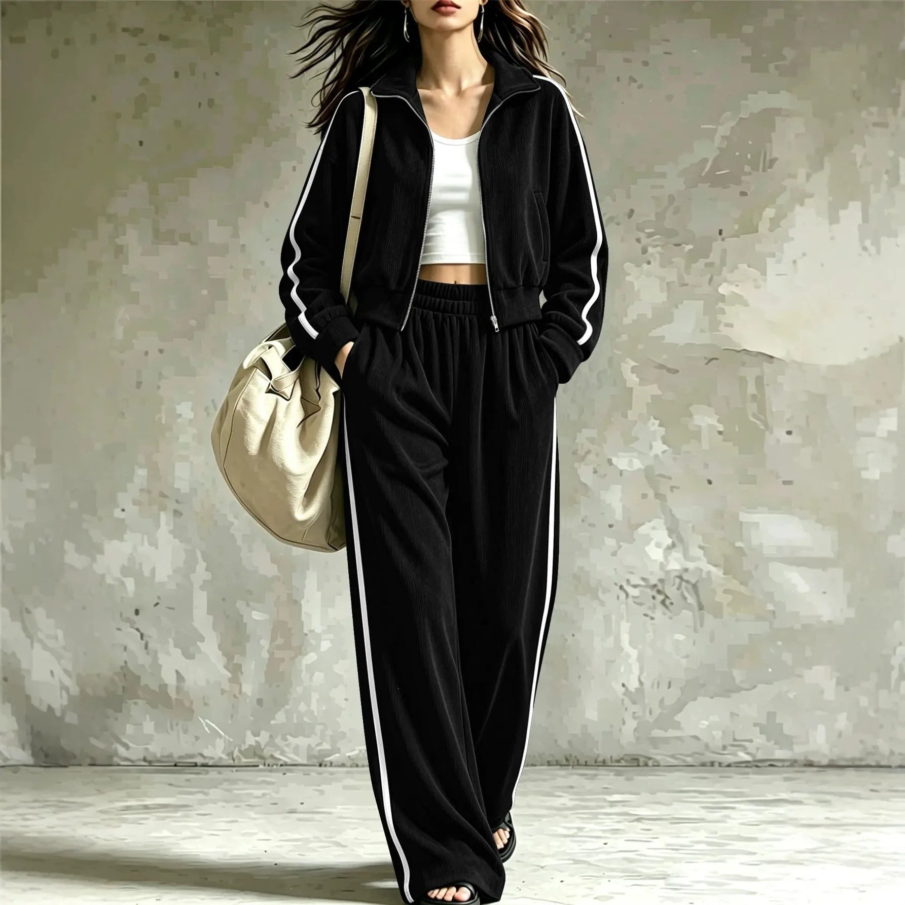 Side Stripe Athletic Sweatsuit, Stand Collar Zip Crop Jacket Elastic Waist Wide Leg Pants Set