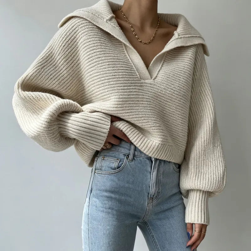 Trendy Wide Collar V Neck Cropped Chunky Knit Pullover Balloon Sleeve Sweater