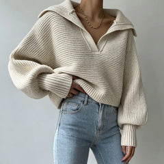 Trendy Wide Collar V Neck Cropped Chunky Knit Pullover Balloon Sleeve Sweater