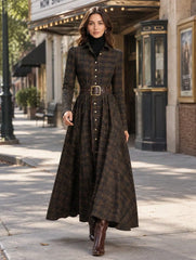 Plaid Long Sleeve Collared Maxi Shirt Dress