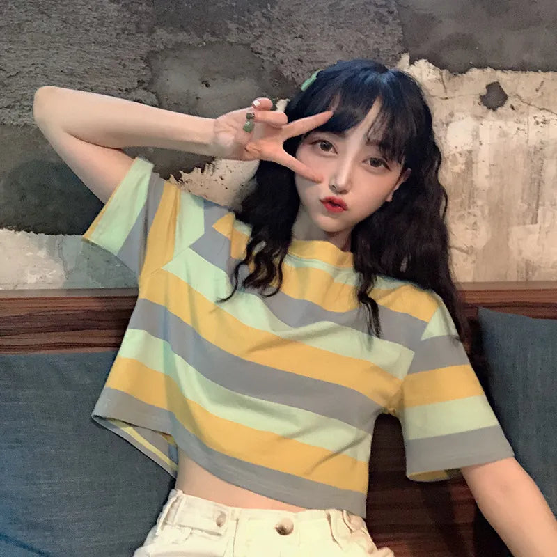 Striped Round Neck Short Sleeve Loose Crop Top