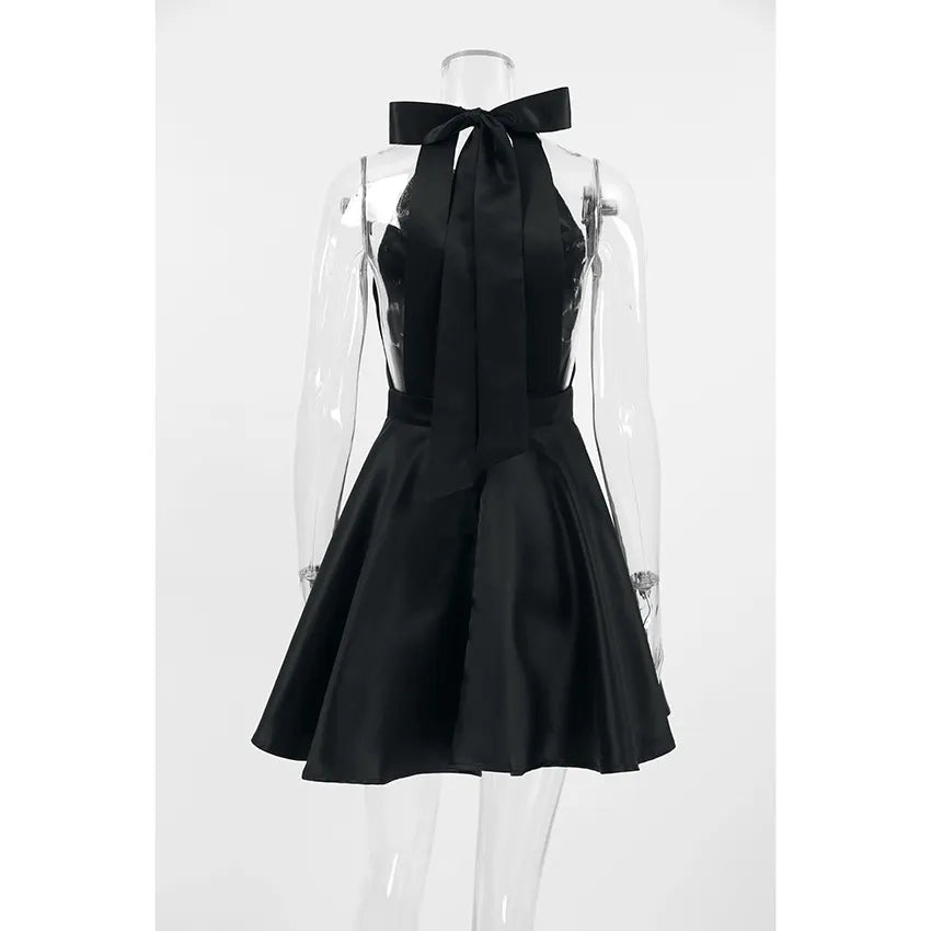 Solid Halter Neck Sleeveless High Waist A-Line Mini Satin Dress