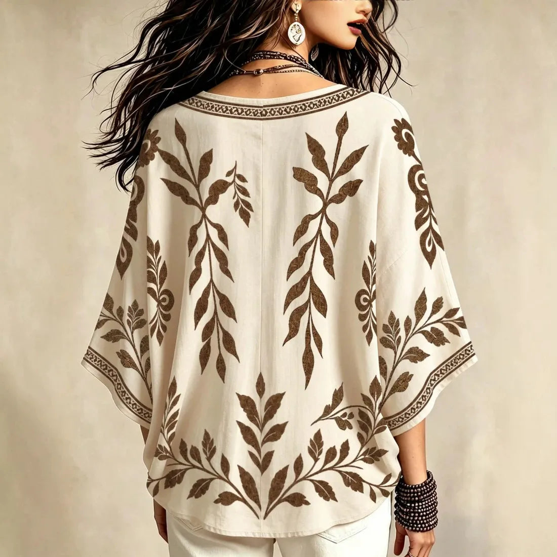 Boho Leaf Print V Neck Blouse | 3/4 Kimono Sleeve Loose Casual Tunic Top