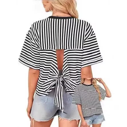 Crew Neck Horizontal Striped Loose Short Horn Sleeve Casual T-Shirt
