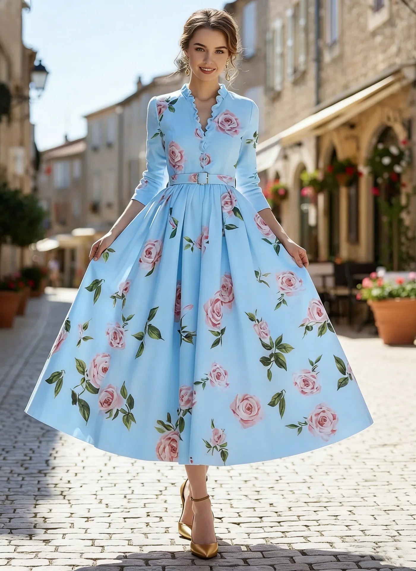 Ruffle Neck 3/4 Sleeve Belted Swing Dress
