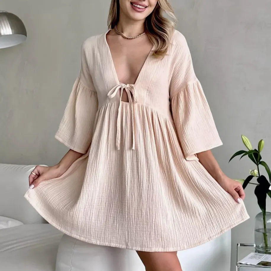 V-Neck Tie Front Flare Sleeve Crinkle Mini Dress