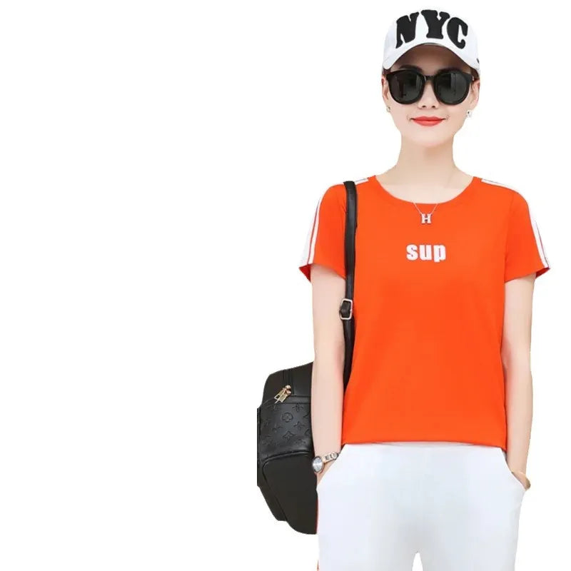 Printed Short-Sleeve Top & Striped Wide-Leg Pants Two-Piece Sports Set