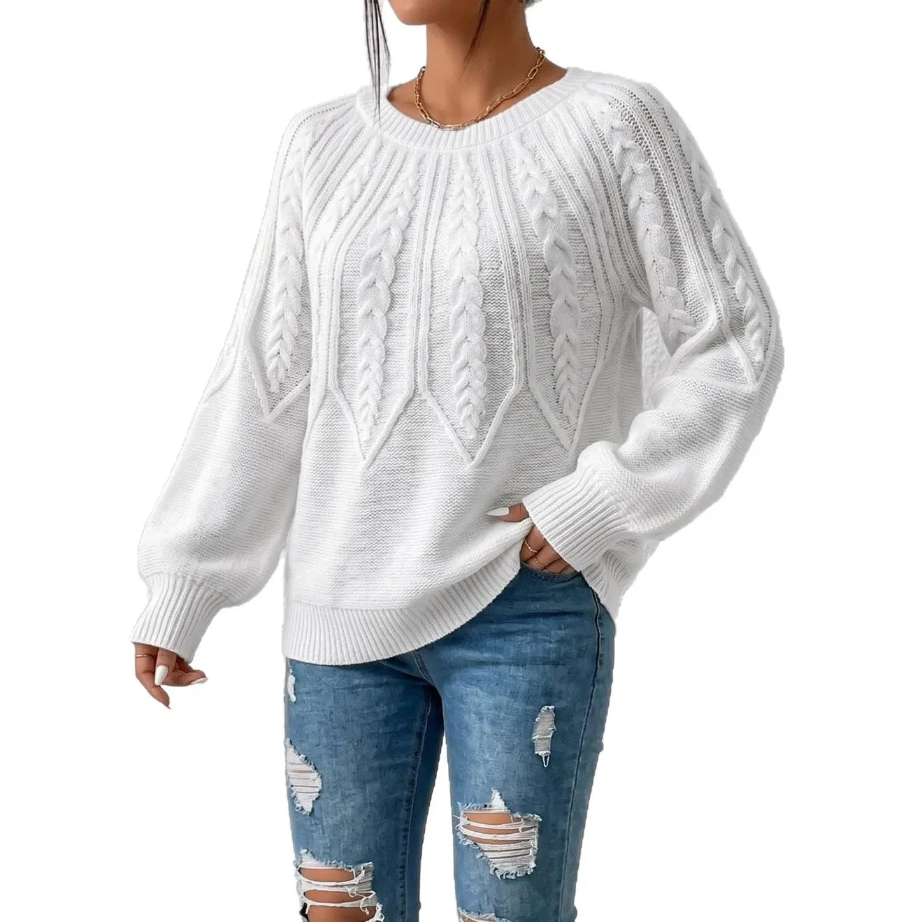 White Cable Knit Crew Neck Sweater Oversized Long Sleeve Pullover Jumper