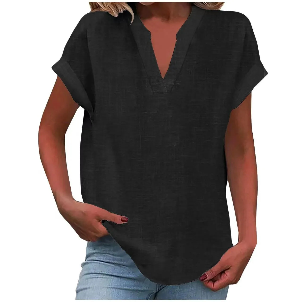 Notched V Neck Cuffed Short Sleeve Loose Cotton Linen Blouse