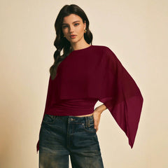 Elegant Two Piece Look Cape Sleeve Top, Asymmetric Hem Ruched Fitted Tee