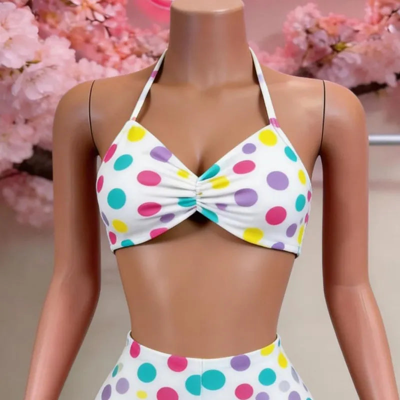 Polka Dot Halter Cutout Crop Top & Capri Pants Two Piece Set