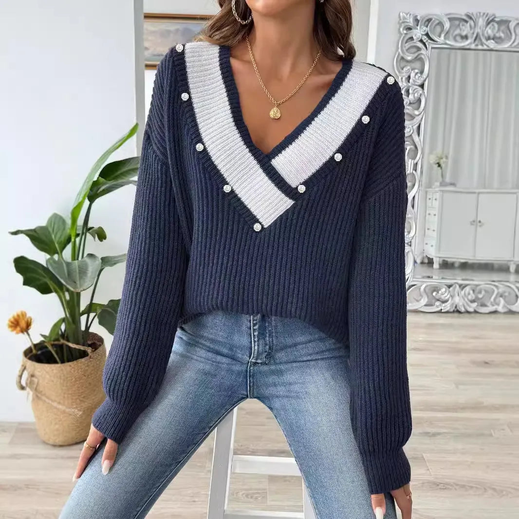 Color Block Beaded Off-Shoulder V-Neck Loose Knit Sweater