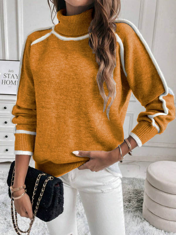 Contrast Trim Turtleneck Sweater, Ladies Raglan Sleeve Soft Knit Loose Fit Casual Pullover
