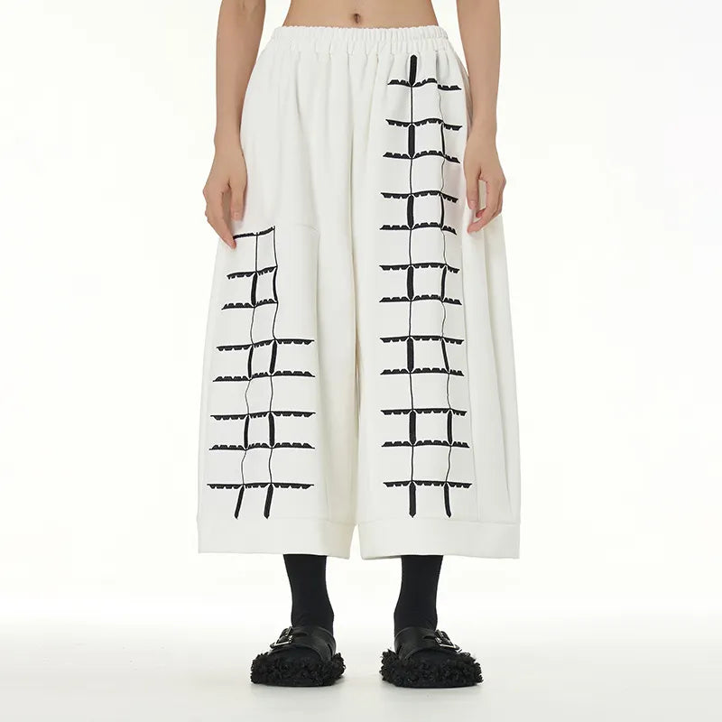 Product Title Elastic Waist Contrast Splicing Loose Cropped Wide-Leg Pants