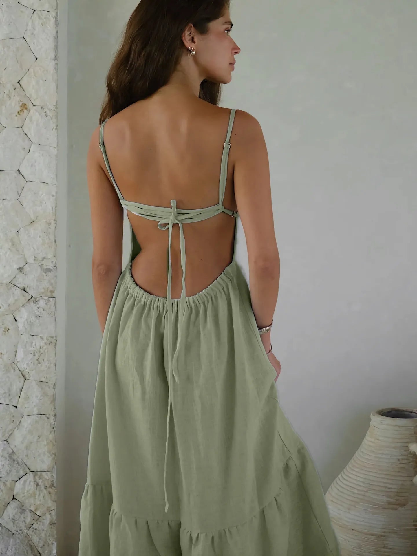 Solid Square Neck Spaghetti Strap Tiered Ruffle Cotton Maxi Dress