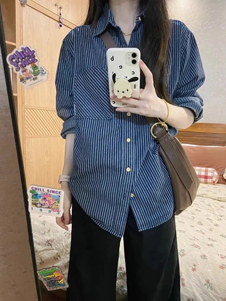 Blue Striped Patchwork Long Sleeve Loose Shirt
