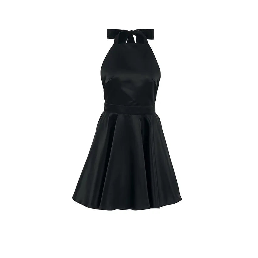 Solid Halter Neck Sleeveless High Waist A-Line Mini Satin Dress
