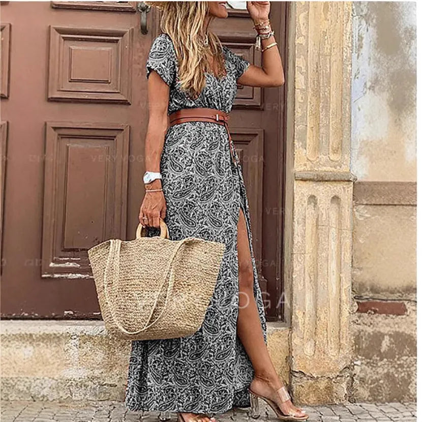 Wrap V Neck Short Sleeve Floral Print Maxi Dress