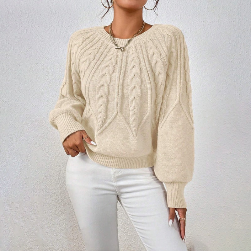 Crew Neck Cable Knit Sweater, Long Lantern Sleeve Loose Solid Pullover