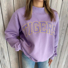 Lavender TIGERS Letter Print Sweatshirt, Casual Loose Mock Neck Fall Pullover Top