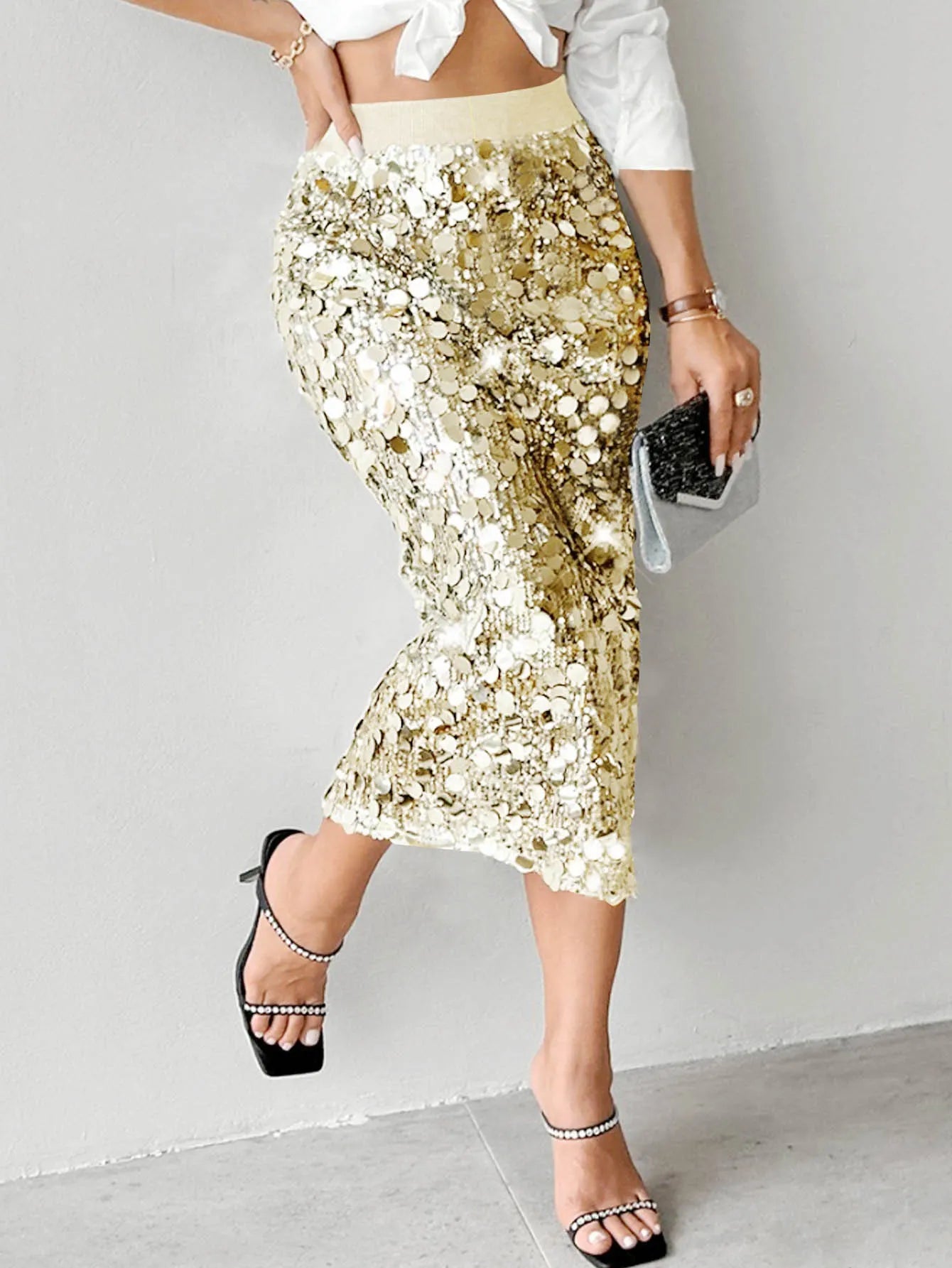 Silver Round Sequin Elastic Waist Midi Pencil Skirt
